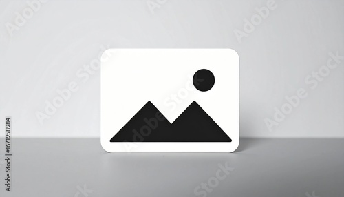 Generic placeholder image icon with mountain silhouette and sun, default image thumbnail symbol, minimal graphic template for media, website, gallery or digital content mockup
