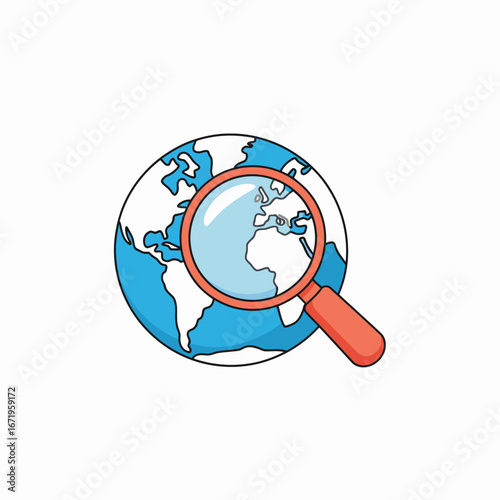 Globe under a magnifying glass symbolizing research exploration and global focus with a clean white background for clarity and emphasis