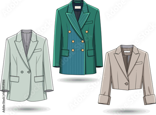 Create a kinds of deferent modern women Blazer vector art with white background.