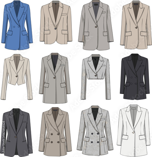 Create a kinds of deferent modern women Blazer vector art with white background.