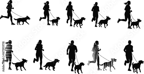 Running with dog silhouette sequence, jogging pet owner motion illustration, athlete training vector, outdoor exercise concept, human animal activity, sports design