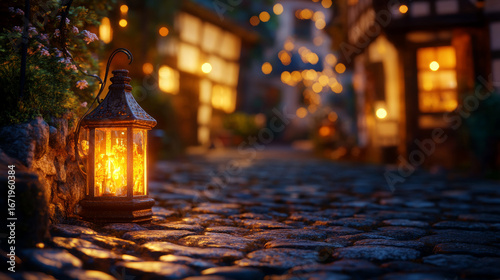 A glowing orange lantern lighting up a cobblestone street during a festive evening 