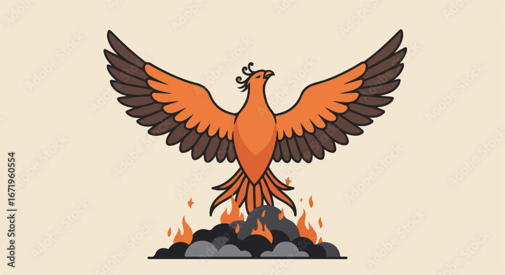 Fototapeta premium Phoenix Rising From Ashes, Wings Spread in Beige Landscape