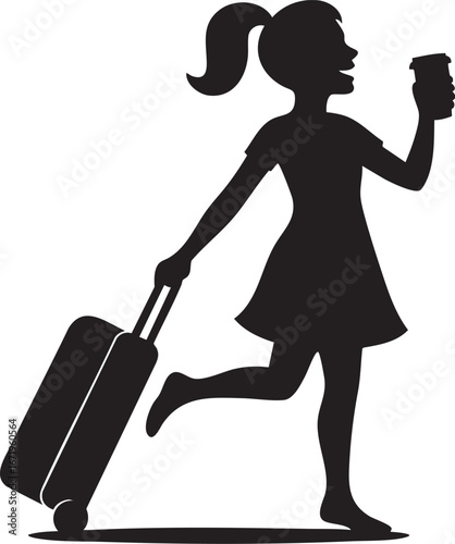 Woman rushing with luggage and coffee