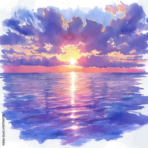 Sunset Over Calm Ocean, watercolor illustration vector, isolated on a white background.