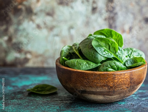 A wooden bowl filled with vibrant green spinach leaves on a rustic kitchen counter