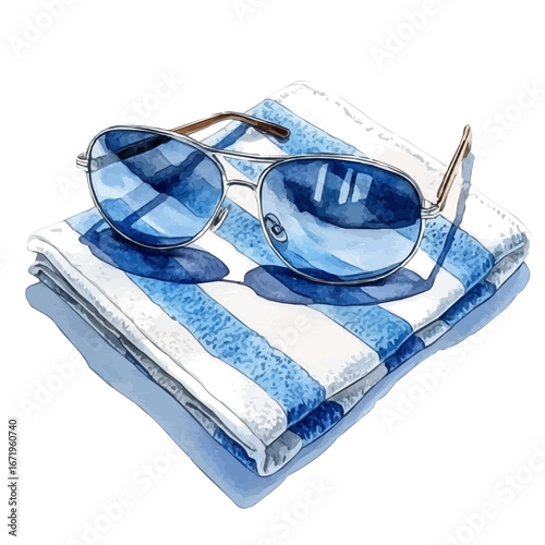 Sunglasses On Summer Towel, watercolor painting vector, isolated on a white background.