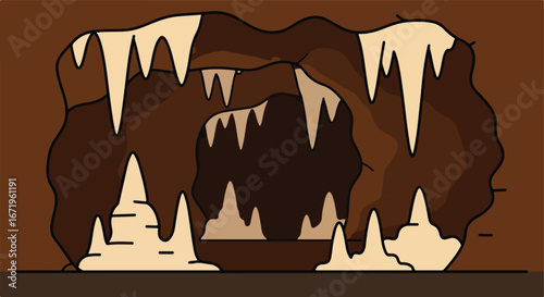 Stalactites Hanging Inside Dark Cave, Stalagmites Growing Up