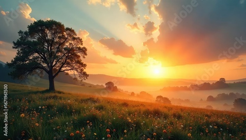 A peaceful sunrise over a tranquil landscape, symbolizing hope and renewal in the Christian faith Perfect for Easter, Lent, or general faith-based themes , belief, calm