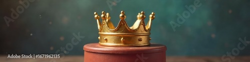 A ridiculously oversized, wobbly crown sits askew on a small, plain pedestal  The gold crown is clearly cheap and slightly tarnished, creating a humorous juxtaposition , pedestal, photo, comedy