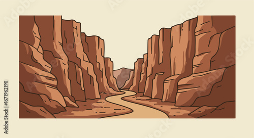 Cartoon Sandstone Cliffs & River in Desert Canyon, Simple Style Illustration
