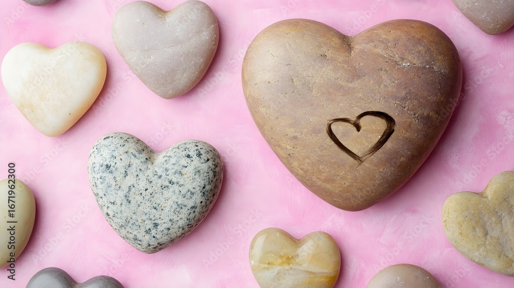 Fototapeta premium Pink Background Stone Hearts Carved Love Symbol carved heart