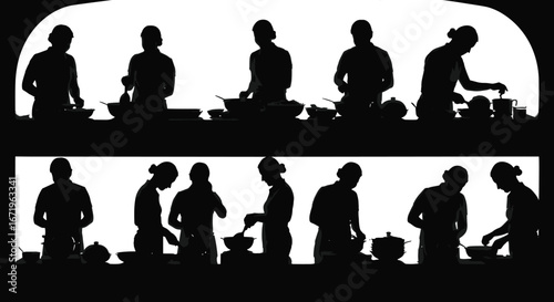 Silhouettes of cooking actions, twelve variations, preparing food, mixing, stirring, whisking, chopping, garnishing, kitchen work, culinary art, meal preparation illustration