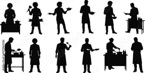 Silhouettes of chefs cooking, various culinary tasks, chopping, mixing, garnishing, presenting dishes, professional kitchen activity, food preparation, cuisine art illustration