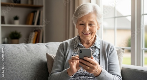 Digital Connection: A serene senior woman with a warm smile is absorbed in her smartphone, nestled comfortably on a cozy sofa indoors, fostering a sense of warmth and modern technology.