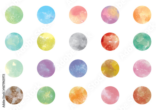 水彩, アイコン, 絵の具, ペイント, セット, 円形, 球体, デコレーション, カラフル, 円, ウォーターカラー, ベクター, 模様, 質感, ボタン, おしゃれ, 水溶性, オレンジ, 青, 緑, ピンク, ワンポイント, タイトル, パーツ、手書き、イラスト