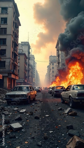 A chaotic scene of overturned vehicles and burning debris amidst a city skyline, depicting the destructive aftermath of a violent revolution and conflict ,  destruction,  battleground,  debris