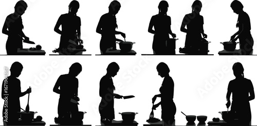Silhouettes of cooking activities, ten variations, chopping vegetables, stirring pot, mixing ingredients, kitchen counter, culinary preparation, chef skills, food making illustration