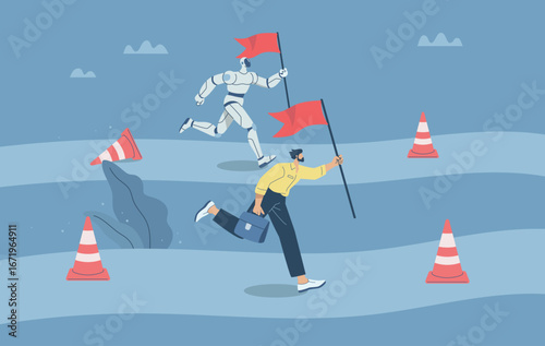 Businessman competing with robot on running track, symbol of human and AI work competition and development.