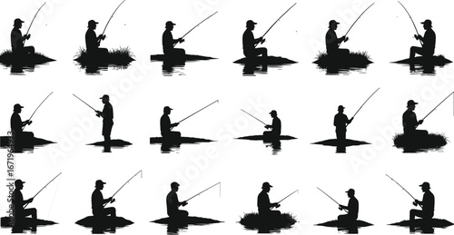 Silhouettes of fishing poses, sixteen variations, sitting, kneeling, casting, grassy banks, docks, boats, fishing rod techniques, outdoor sport, angling illustration