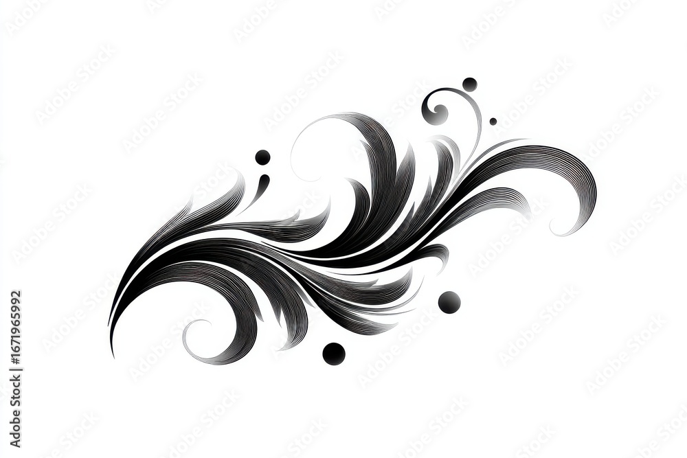 Fototapeta premium A sophisticated, decorative flourish design features intricate swirls and stylized foliage, with a bold black and white color scheme, suitable for artistic or decorative projects.
