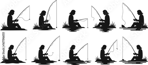 Silhouettes of fishing preparation sequence, ten stages, assembling rod, baiting hook, casting line, seated angler, outdoor sport, instructional angling illustration