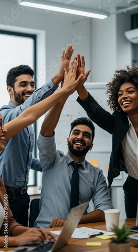 High Five in the Office: A close-up shot captures the jubilant moment of a team in the office, with hands reaching up to give a high five, celebrating a collective success.