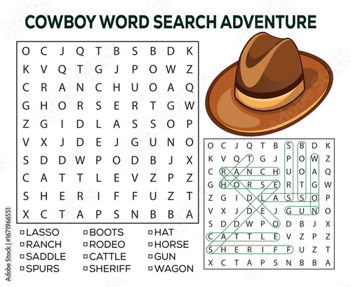 Fun cowboy themed word search puzzle adventure with a classic hat illustration for kids and adults