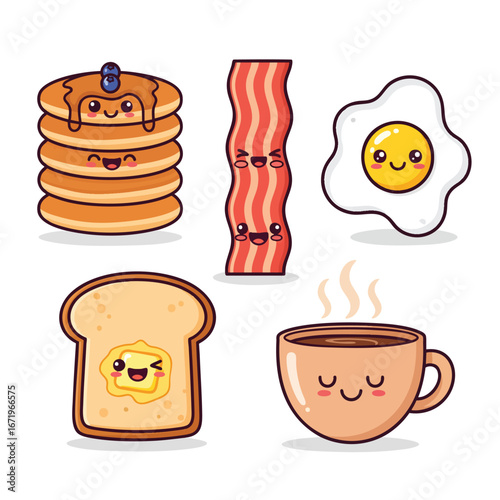 A charming collection of smiling breakfast food characters in a cute kawaii style.