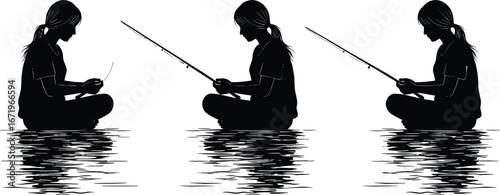 Silhouettes of fishing scenes, three variations, sitting cross‑legged by water, casting rod, peaceful outdoor sport, reflection ripples, angling illustration