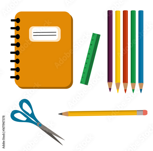 Set di articoli scolastici. Illustrazione vettoriale, ritorno a scuola