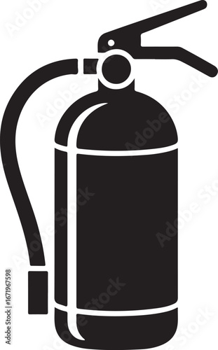 Black and white icon of a fire extinguisher with a hose and handle