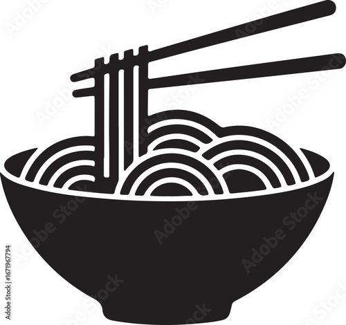 Black and White Icon of Noodles in a Bowl with Chopsticks