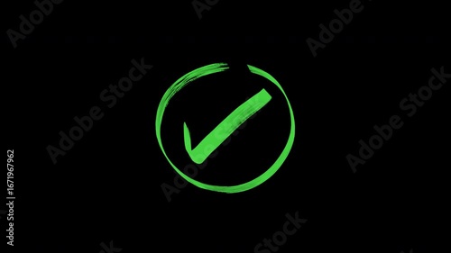 Animated green doodle check mark with alpha channel, great for approval, confirmation, infographics, e-learning, and motion graphic overlays.