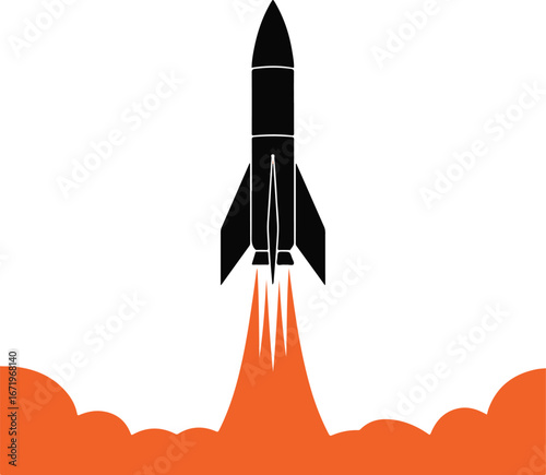 Black Rocket Launching with Orange Flames and Smoke Against a White Background