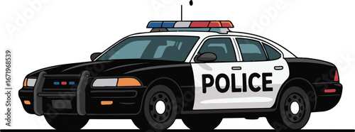 Cartoon police car with lights and siren, black and white design