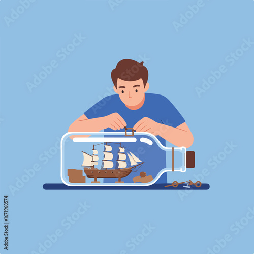 Person Building Ship in a Bottle at Home