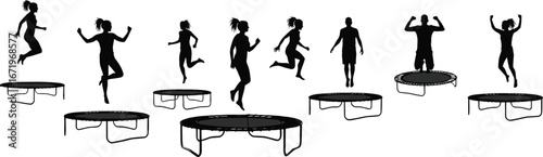 Silhouettes of people jumping on trampolines, dynamic poses, takeoff to landing, fitness, recreation, motion stages, sport activity, energetic exercise illustration
