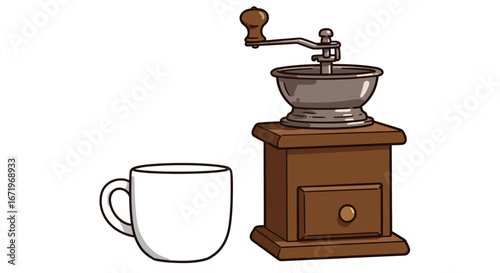 Classic wooden manual coffee grinder with a metal hopper next to a simple white mug.