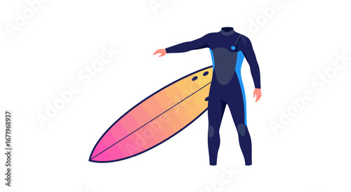 Surfer in Wetsuit with Gradient Surfboard, Vector Illustration, Isolated.