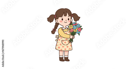 Cute cartoon girl with braided pigtails and a floral apron holding a colorful flower bouquet.
