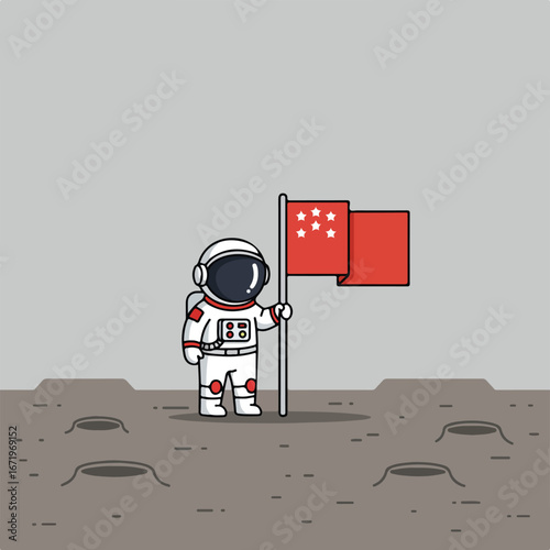 Astronaut Posing with Flag on Lunar Surface Illustration, Gray Background