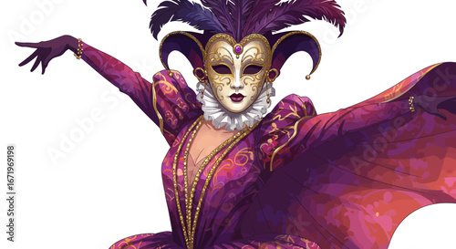 Elegant Venetian Masked Figure in Ornate Purple Costume, Posing.