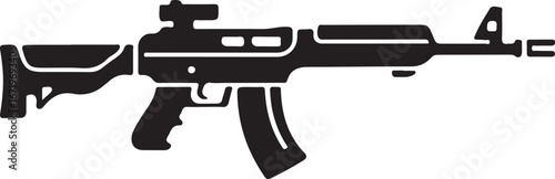 Silhouette of an assault rifle with a scope and curved magazine, isolated on white background