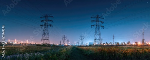 Electric pylons stretching across field at night, showcasing power transmission lines