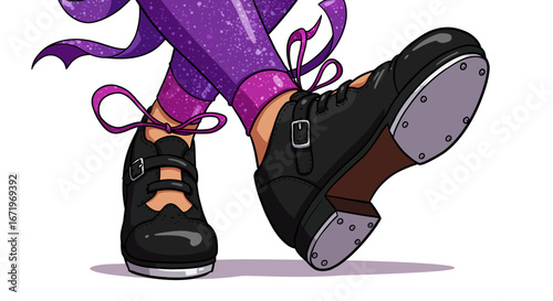 Illustrated tap dancer's feet in motion, wearing black buckled shoes and sparkly purple leggings with ribbons.