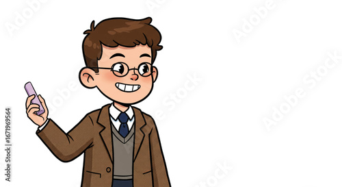 A smiling cartoon scholar in a brown jacket and glasses holding a piece of chalk.