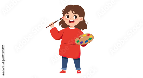 Happy cartoon girl artist in a red sweater holding a paintbrush and a colorful paint palette.