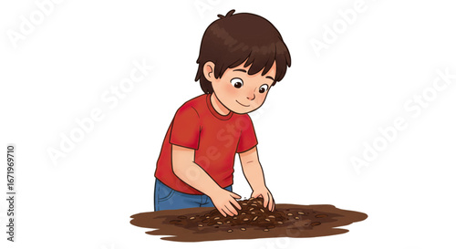 Happy cartoon boy with brown hair and a red shirt, carefully sowing seeds in the earth.