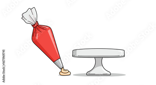 Red pastry bag piping cream frosting next to an empty white cake stand, a cartoon-style baking illustration.